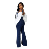 Fashion Ladies Blue Denim Overalls Backless Casual Wide Leg Bell Bottom Long Playsuit Women Jeans Jumpsuits