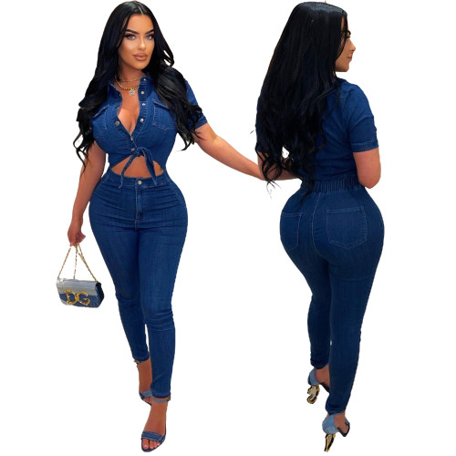 High Quality Summer Short Sleeves Denim Pants Jumpsuit Turndown Collar Hollow Out Bodycon Women'S Jeans Jumpsuit