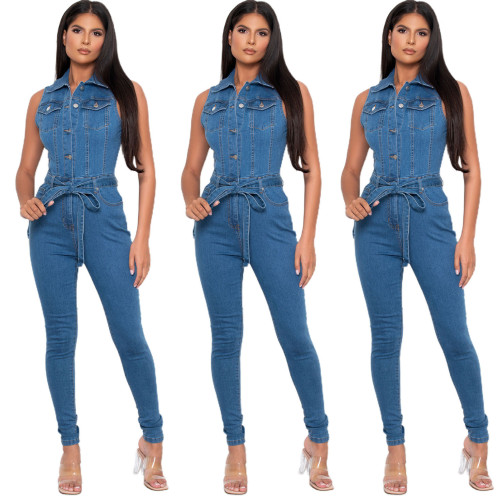Street Style Casual Solid Color Sleeveless Denim Jumpsuit Women With Belt Sehe Fashion