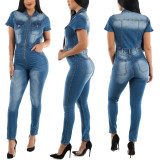 Amazon European and American fashion slim fitting casual shrink waist jumpsuit jeans jumpsuit stock leggings
