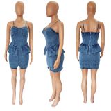 Cotton Women Jeans Dress Ladies Solid Summer Sexy Halter Jeans Dress with Zipper Mini Casual Dress for Mujer