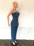 New Arrivals Women Blue Denim Jumpsuit Sexy Strapless Off Shoulder Buttons Wide Leg Full Length Denim Jumpsuit