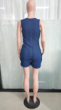 Hot Selling Sexy Slim One Piece Short Jumpsuit Double Breasted Sleeveless Denim Rompers