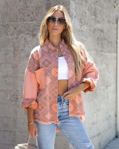 Cross border Autumn and Winter New Fashion Casual Printing Loose Ragged Denim Coat for Women in Europe and America