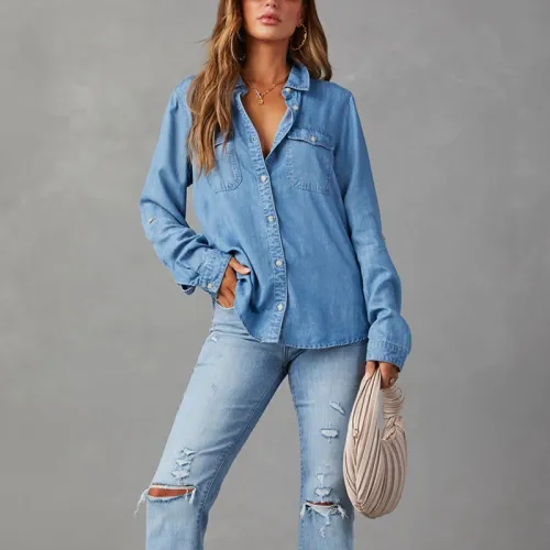 Channel Classic Button Down Roll Up Sleeve Denim Chambray Blue Jean Shirts For Women