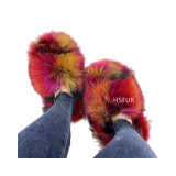 Cross border European and American new real raccoon fur slippers for women to stay at home in autumn and winter, plush and warm, real fur grass anti slip