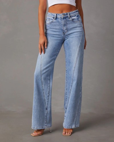 European and American style cross-border Amazon new fashion loose stitching wide leg women's jeans women 32149