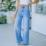 New ladies petal pocket temperament casual loose washed denim trousers wide leg pants baggy straight women's jeans