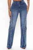 New arrival fashion street style washed tassels denim flare pants high waist straight leg jeans