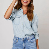 Channel Classic Button Down Roll Up Sleeve Denim Chambray Blue Jean Shirts For Women