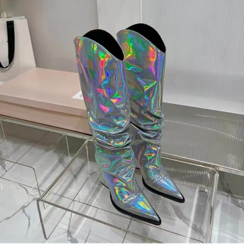 New European and American thick heeled pointed golden silver illusion laser glossy pleated cross-border oversized long sleeved women's boots