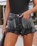 wholesale ladies high waist short pants jeans hombr customized rhinestone fringe trim raw hem detail denim women shorts