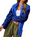 Europe and America Cross border Autumn New Fashion Casual Loose Plaid Contrast Color Raw Edge Denim Coat for Women 32132
