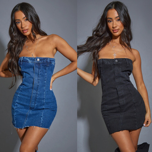 Europe and America Cross border Spring/Summer New One line Neck Off Shoulder Slim Fit Sexy Wash Denim Wrap Hip Skirt
