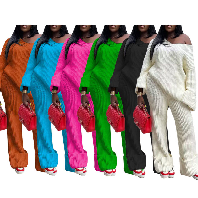 Cross border Supply New European and American Women's Casual Solid Color Loose Knitted Set