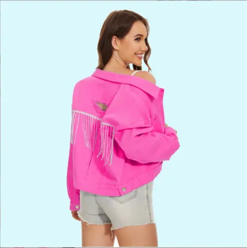Autumn new solid color holes diamond fringe ladies jacket single-breasted design short ladies denim coat