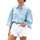Factory Custom Puff Long Sleeve Button up Women Denim Shirt Wholesale