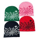 Wholesale Unisex Wool Skully Beanie Spider Web Hat All Over Logo Warm Cap Jacquard Knitted  Cuffless Beanie