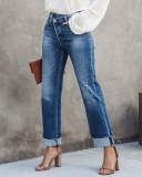 New arrival fashion city casual blue washed women's straight leg denim pants