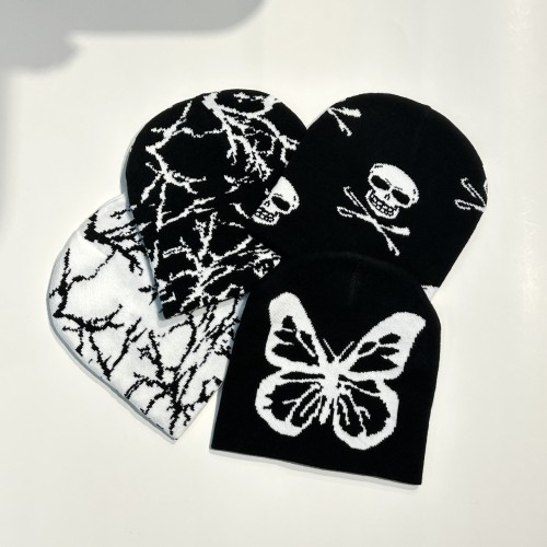 New Black and White Butterfly Knit Hat Warm Black Knit Hat