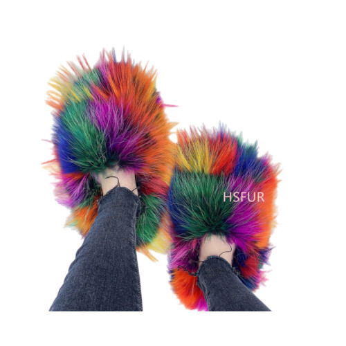 Cross border European and American new real raccoon fur slippers for women to stay at home in autumn and winter, plush and warm, real fur grass anti slip
