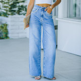 New ladies petal pocket temperament casual loose washed denim trousers wide leg pants baggy straight women's jeans