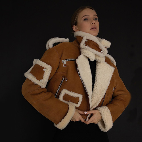 Maillard style warm autumn and winter lamb wool jacket jacket for women's lapel panel long sleeve zipper short top