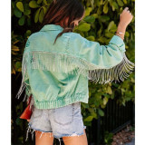 Shipping Women Fringe Jeans Jacket Short Tops Casual Loose Custom rhinestone fringe jacket
