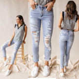 New arrival casual vintage ripped hole denim pencil pants cotton high waist jeans for women