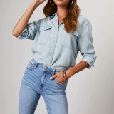 Channel Classic Button Down Roll Up Sleeve Denim Chambray Blue Jean Shirts For Women