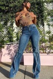 New arrival fashion street style washed tassels denim flare pants high waist straight leg jeans