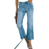 fashion new light blue frayed straight leg flared jeans ninth casual  jeans for women