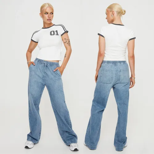 Casual style European and American cross-border new product women's street fashion elastic waist wide leg denim straight pants