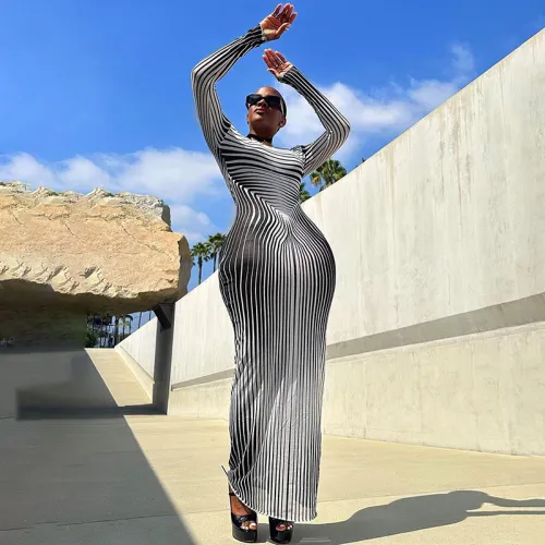 European and American women's autumn new casual striped printed long sleeved round neck slim fitting basic dress