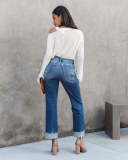 New arrival fashion city casual blue washed women's straight leg denim pants