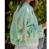 Shipping Women Fringe Jeans Jacket Short Tops Casual Loose Custom rhinestone fringe jacket