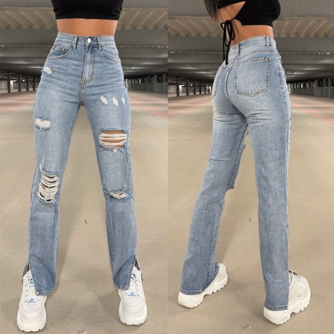 Cross border European and American Spring/Summer New Urban Leisure Washed Hole Straight-tube Jeans