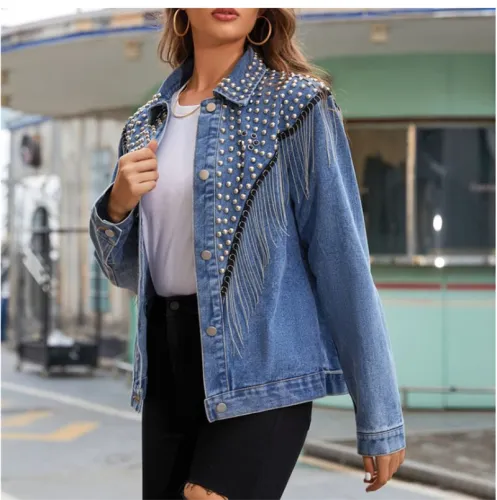 Lapel Vintage Versatile Fashion Women's coatAutumn New Rivet Raw Edge tassels Solid Color Casual Jean jacket