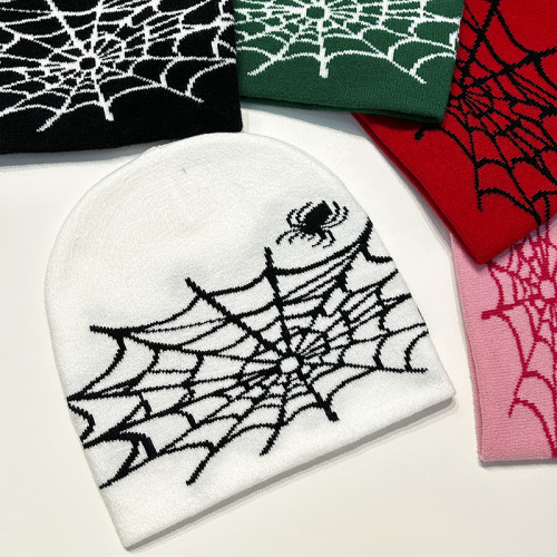 Wholesale Unisex Wool Skully Beanie Spider Web Hat All Over Logo Warm Cap Jacquard Knitted  Cuffless Beanie