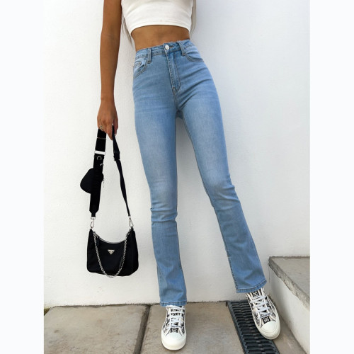 Cross border European and American Spring/Summer New Bottom Split Fashion Style Solid Color Denim Pants