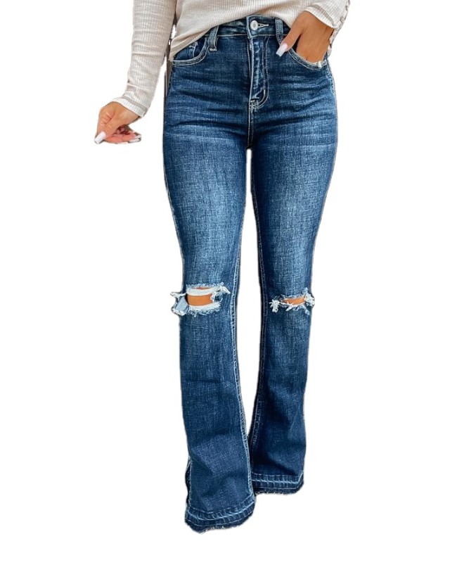 New arrival fashion street trend split ripped hole denim pants high waist flared jeans for women