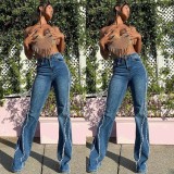 New arrival fashion street style washed tassels denim flare pants high waist straight leg jeans