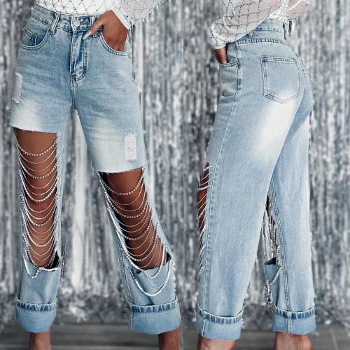 Fall Straight Jeans Women Holes Diamond Rhinestones Chains High Waist Fashion Streetwear Tassel Women Denim Pants Jeans