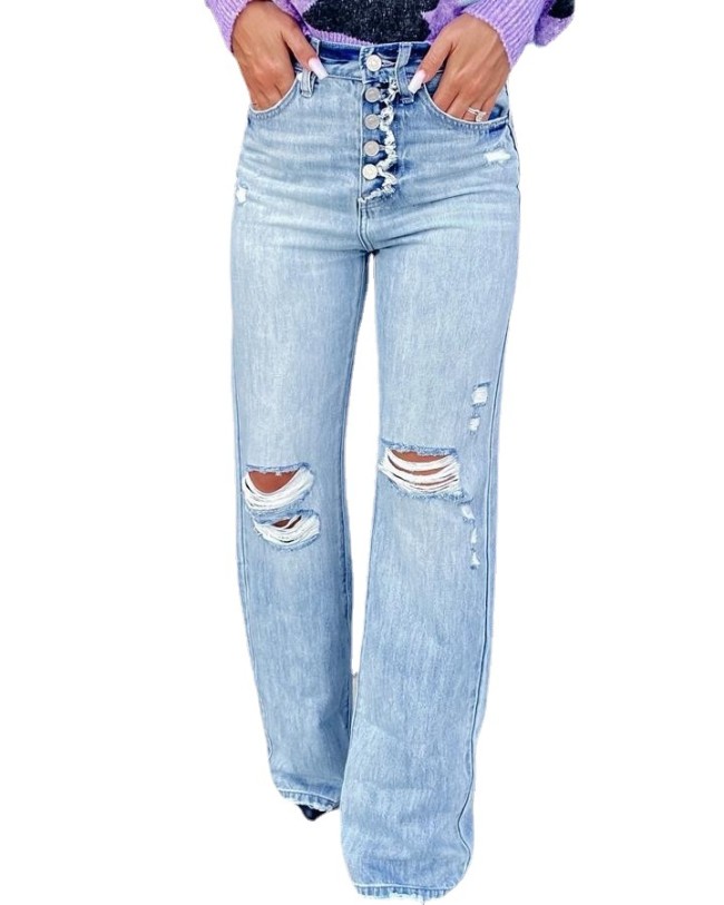 New arrival fashion street trend washed ripped hole high waist straight leg jeans for women