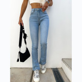 Cross border European and American Spring/Summer New Bottom Split Fashion Style Solid Color Denim Pants