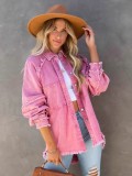 Fashion Loose Turn-down Collar Denim Jacket Coat  Women Casual Denim Jacket Long Sleeve Tassel Solid washed Tops A1889