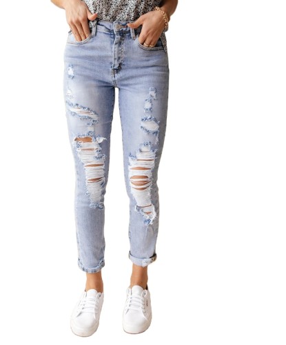 New arrival casual vintage ripped hole denim pencil pants cotton high waist jeans for women