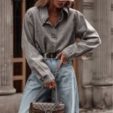 Cross border European and American foreign trade autumn and winter versatile lapel casual fashion street style denim shirt for women
