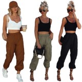 Cross border multi pocket workwear pants for women with elastic waist and loose drawstring tied feet, woven casual pants for Europe and America