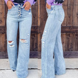 New arrival fashion street trend washed ripped hole high waist straight leg jeans for women